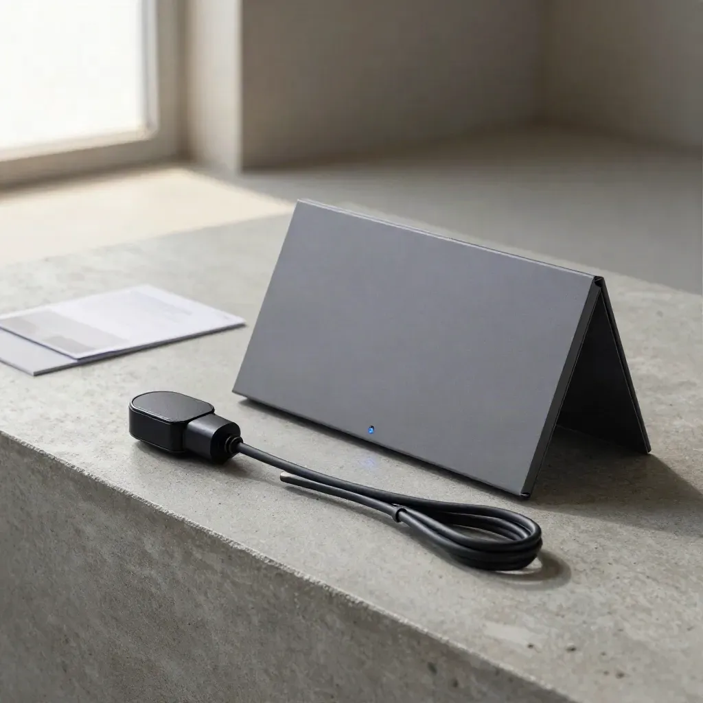 Google Ads setup kit with box, puck, cables, and blue accent on concrete