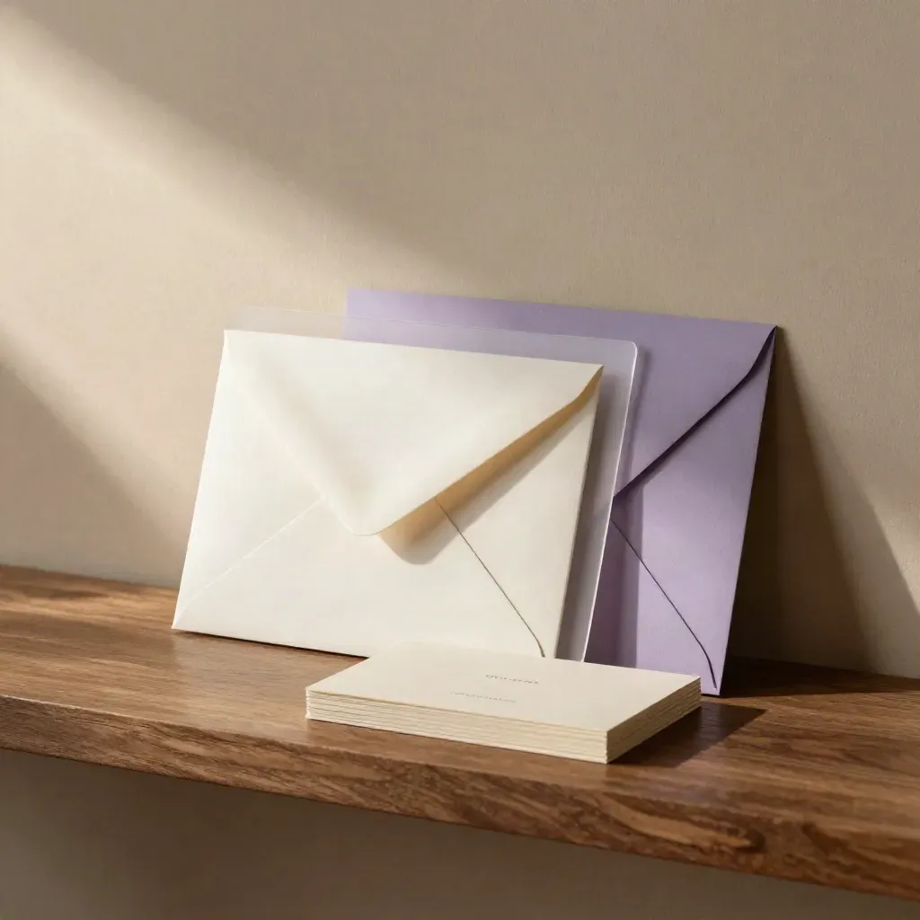 Matte off-white email welcome flow kit on warm plaster with a muted violet card stack.