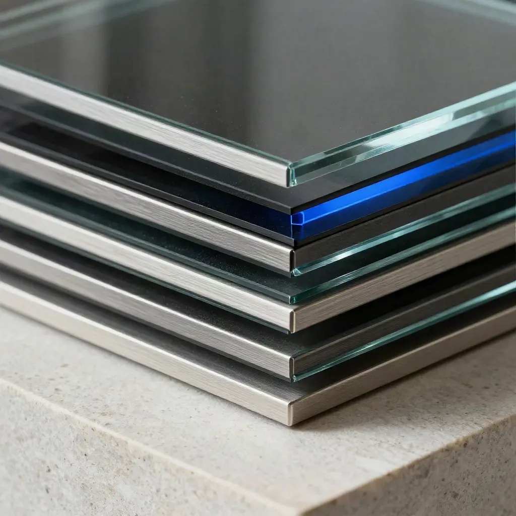 Abstract glass, metal and acrylic dashboard block on pale stone with blue reflection
