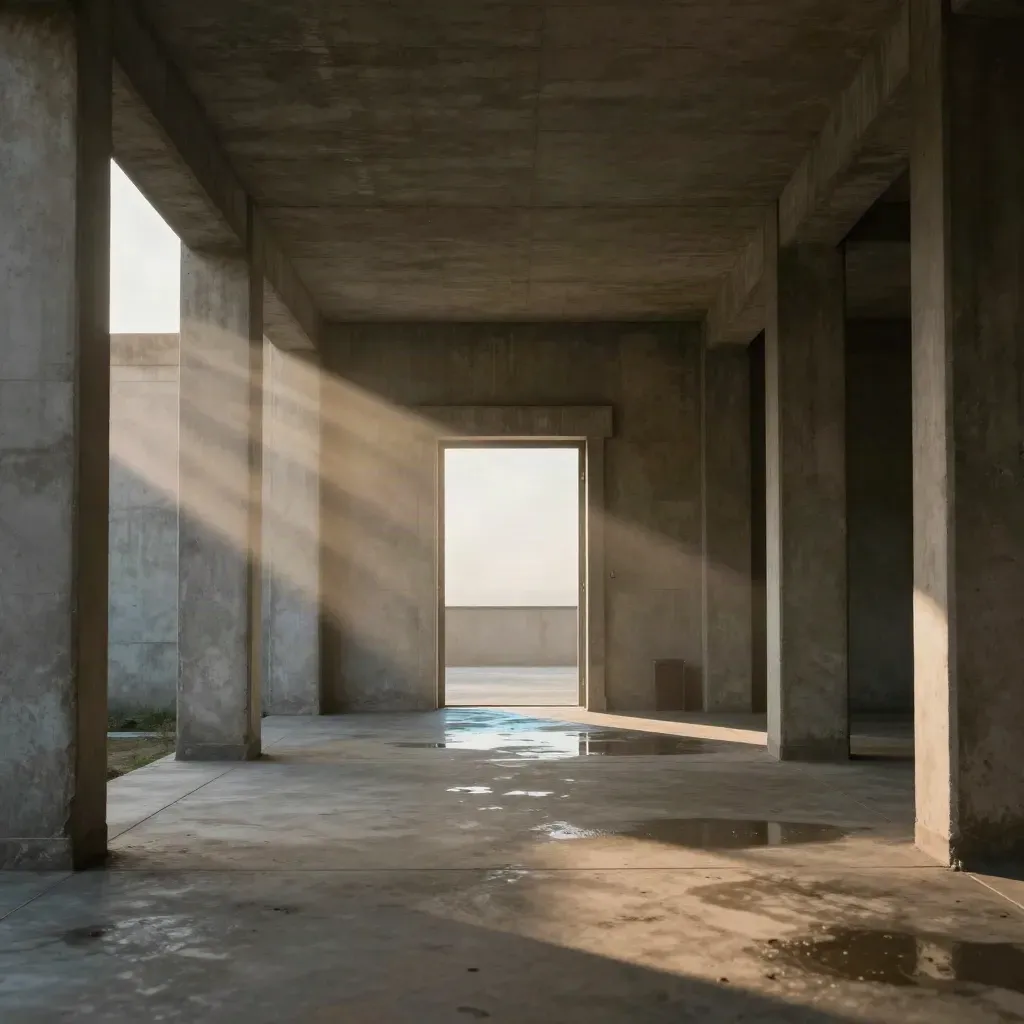 Concrete arcade corridor with a pale doorway, puddled floor, and bright sky spill.